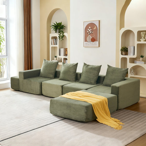 English Elm L-shaped Modular Sectional with Ottoman Corduroy Upholstery Four Seat Living Room Sofa Green W2699S00083