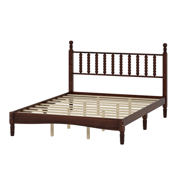 English Elm Queen Wood Platform Bed with Gourd-Shaped Headboard, Retro-Inspired Solid Frame, Slat Support, Sturdy Elegance Walnut 64.8 L x 17.5 W x 9.5 H N733P206242D