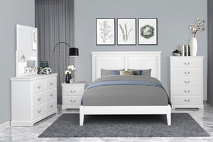 English Elm Classic Queen Bed With Upholstered Faux Leather Headboard In White Finish - Timeless Elegance! B011S01310