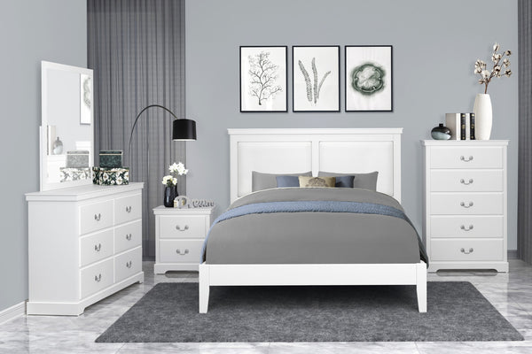English Elm Classic Queen Bed With Upholstered Faux Leather Headboard In White Finish - Timeless Elegance! B011S01310