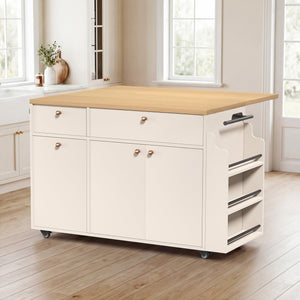 English Elm Kitchen Rolling Cart with Black Marble Top Drop Leaf Drawers and Spice Rack Storage White B2764S00003