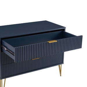 English Elm Dumbo 35" Fluted 3-Drawer Dresser with Gold Metal Legs, Glam Handles, Easy Snap Assembly Dark Blue B365P398119