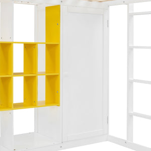 English Elm Twin Loft Bed with Wardrobe Shelves and Cabinet Kids Bedroom Wood Storage Frame Yellow+White N708S00023K