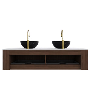 English Elm Dina 60 Inch Floating Bathroom Vanity Sintered Stone Top Dual Glass Basins Wood Grain Black,Carrara White,Dark Walnut W2615S00280