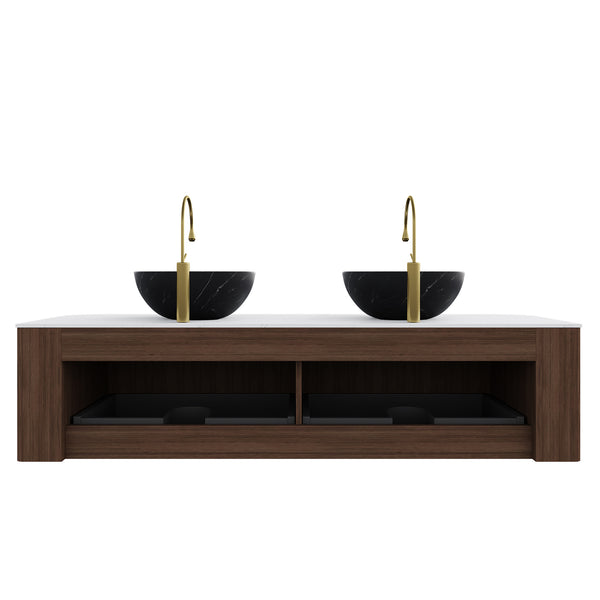 English Elm Dina 60 Inch Floating Bathroom Vanity Sintered Stone Top Dual Glass Basins Wood Grain Black,Carrara White,Dark Walnut W2615S00280