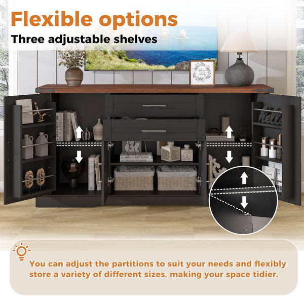 English Elm 63" Farmhouse Barn Door Storage Cabinet with Anti-Tip Safety, Quiet Drawers, Adjustable Shelf & Metal Handles Black W2917P319120