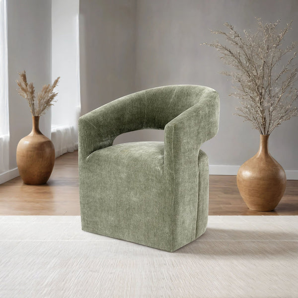 English Elm Contemporary Sculpted Barrel-Back Arm Chair with Smooth Casters, Neutral Textured Upholstery, Stylish Accent Seating Green 27 L x 26 W x 33 H B2741P400837