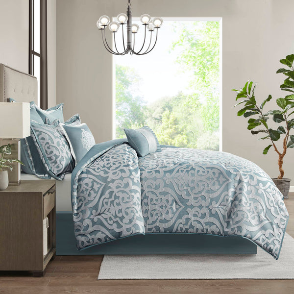 JLA Home Madison Park - 8 Jacquard Comforter Set Odette – Luxe Damask Texture, Overfilled Warmth, Aqua Reverse, 8-Piece Hotel Look MP10-8081