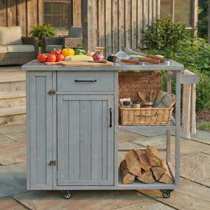 English Elm Foldable Outdoor Kitchen Cart with Stainless Worktop Fir Wood Frame and Lockable Wheels Grey N719P380278E