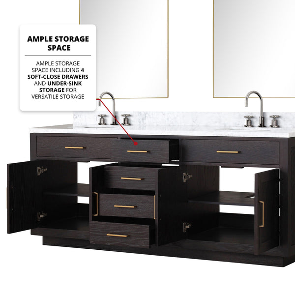 English Elm Black Oak Double Bath Vanity Ensemble With Carrara Marble Top, Faucets, And Stylish Mirrors Included B2731S02178