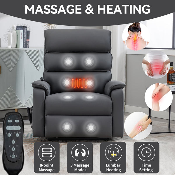 English Elm Dual Motor Power Lift Recliner with Massage Heat and 180 Degree Brown Lounge Chair Grey W1803S00062