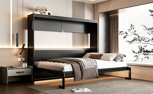 English Elm Queen-size Murphy Wall Bed with Led Ambient Lighting Usb Outlet and Graphic Panel Black LP000357AAB