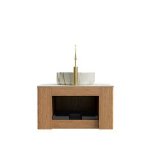English Elm Dina Floating Bathroom Vanity with Sintered Stone Top and Crystal Glass Basin Beige,Natural Wood,White W2615S00507