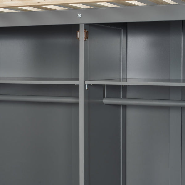 English Elm Full Size Offset Bunk Bed with Wardrobe Hanging Rod Drawers and Upholstered Rail Gray N820S00081E