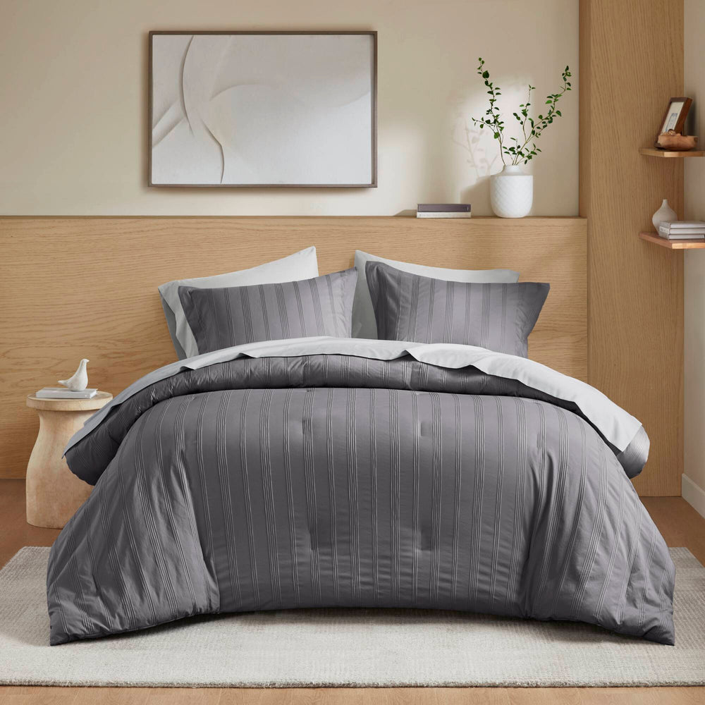 JLA Home Super Listing - Woven Logan Comforter Set with Subtle Stripes, Ultra-Soft Brushed Microfiber & Breathable Fill Charcoal AM10-0562