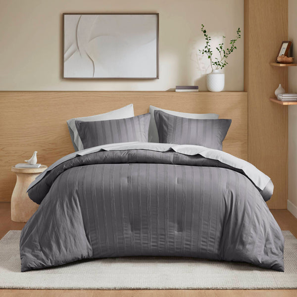 JLA Home Super Listing - Woven Logan minimalist striped comforter set with ultra-soft microfiber, breathable 200gsm fill, Oeko-Tex certified Charcoal AM10-0560