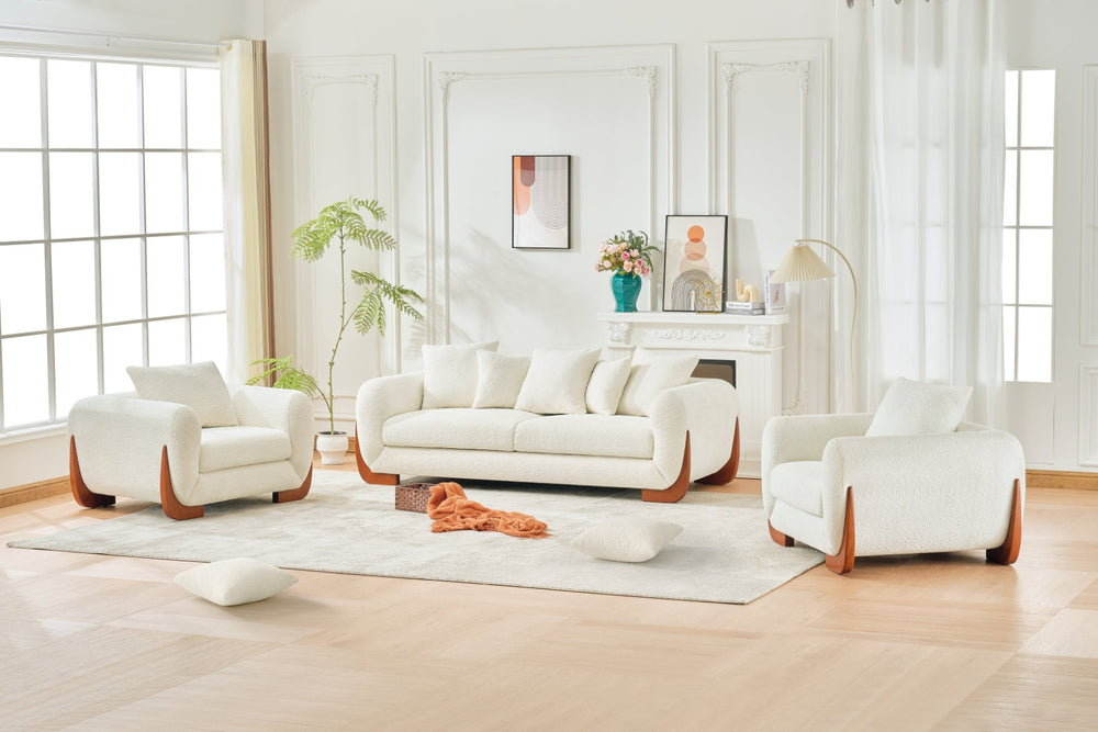 English Elm Upholstery Fabric 3+2 Arm Chair Sofa - Cozy Beige With Natural Oak Legs For Modern Living Rooms W2817S00006-GIGA