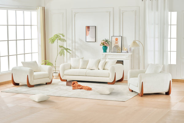 English Elm Upholstery Fabric 3+2 Arm Chair Sofa - Cozy Beige With Natural Oak Legs For Modern Living Rooms W2817S00006-GIGA