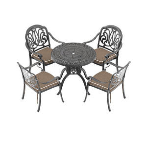 English Elm 5-Piece Cast Aluminum Patio Furniture Set With Brown Cushions For Stylish Outdoor Dining & Relaxation W1710S00056
