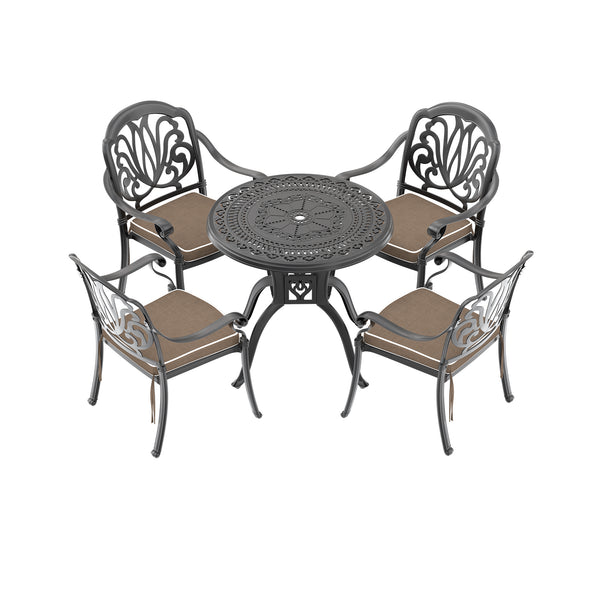 English Elm 5-Piece Cast Aluminum Patio Furniture Set With Brown Cushions For Stylish Outdoor Dining & Relaxation W1710S00056