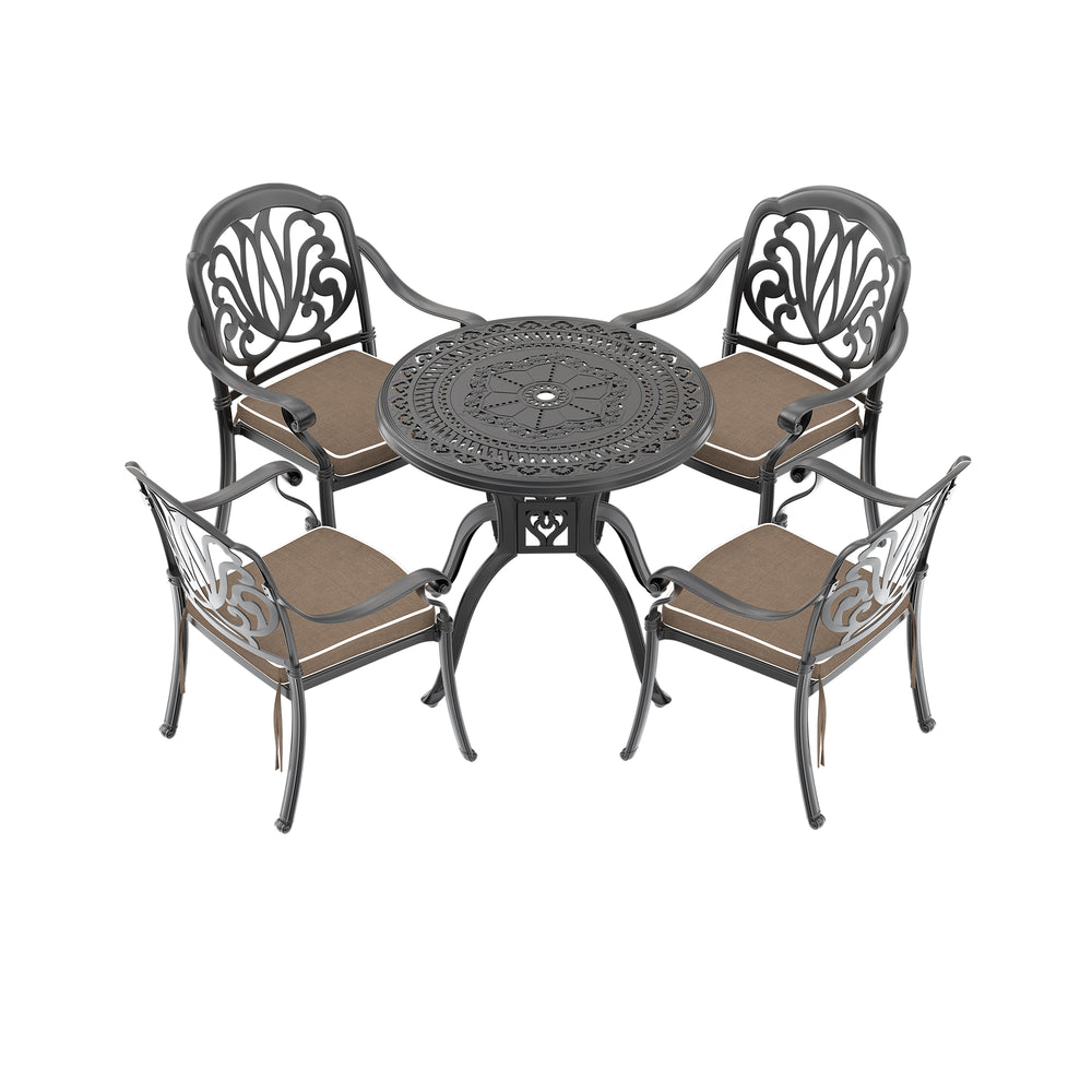 English Elm 5-piece Cast Aluminum Outdoor Dining Set with Floral Carved Chairs and Weather Resistant Cushions W1710S00541