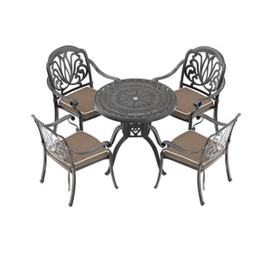 English Elm 5-piece Cast Aluminum Outdoor Dining Set with Floral Carved Chairs and Weather Resistant Cushions W1710S00541
