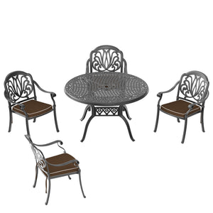 English Elm 5-Piece Cast Aluminum Patio Furniture Set With Brown Cushions For Elegant Outdoor Dining & Relaxation W1710S00139