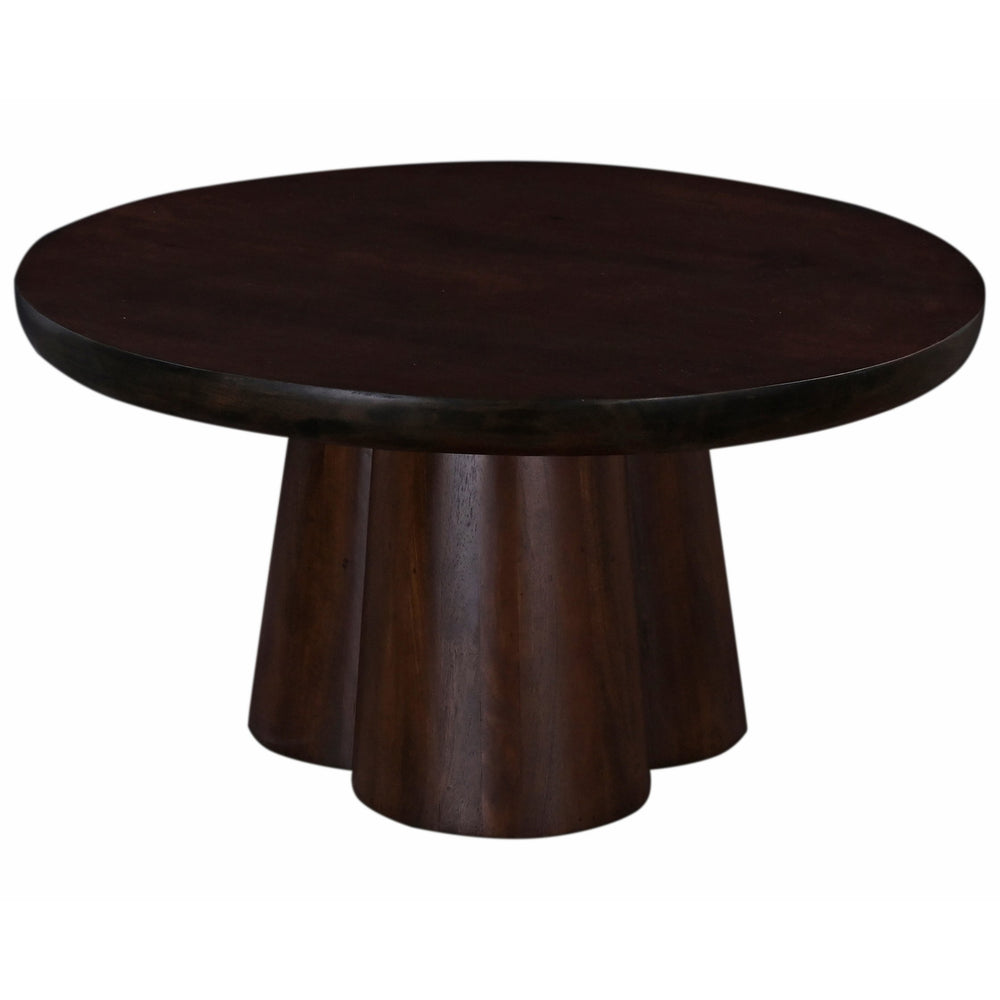 English Elm Living 31 in. Round Mango Wood Coffee Table with Sculptural Pedestal Base, Walnut Finish, Statement Piece B011S01183