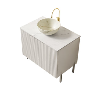English Elm Turio Freestanding Bathroom Vanity Plywood Cabinet Sintered Stone Top Glass Basin W2615S00558