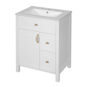 English Elm 24-Inch Bathroom Vanity with Ceramic Sink, Soft-Close Door & Drawers, Gold Handles, Durable Wood Elegance White N729P192078K