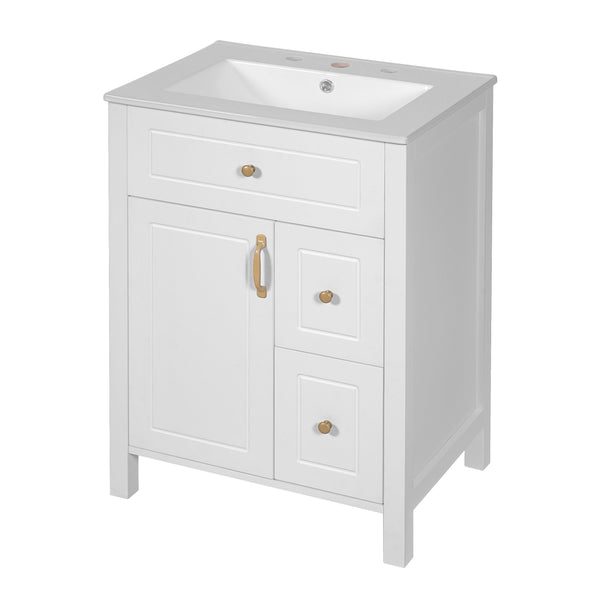 English Elm 24-Inch Bathroom Vanity with Ceramic Sink, Soft-Close Door & Drawers, Gold Handles, Durable Wood Elegance White N729P192078K