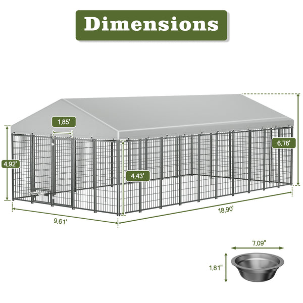 English Elm Large Heavy Duty Metal Dog Run Pen with Roof Cover for Backyard Animal Enclosure W1820S00025