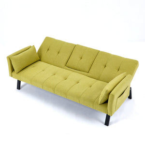 English Elm 70-inch Foldable Cotton Linen Sofa Bed with Cup Holder & Side Storage, Space-Saving 2-Seater Design Green W3371P337200