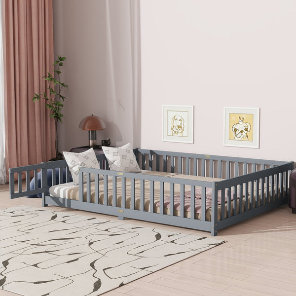English Elm Queen Rubber Wood Floor Bed with Full Perimeter Safety Fence and Hinged Access Door Grey W504P429339