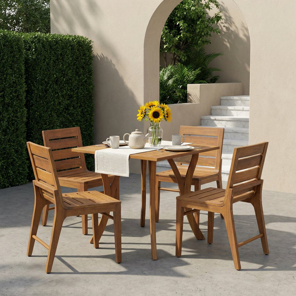 English Elm 5 Piece Outdoor Acacia Wood Dining Set Square Table Four Slatted Patio Chairs Teak N773OD00148T