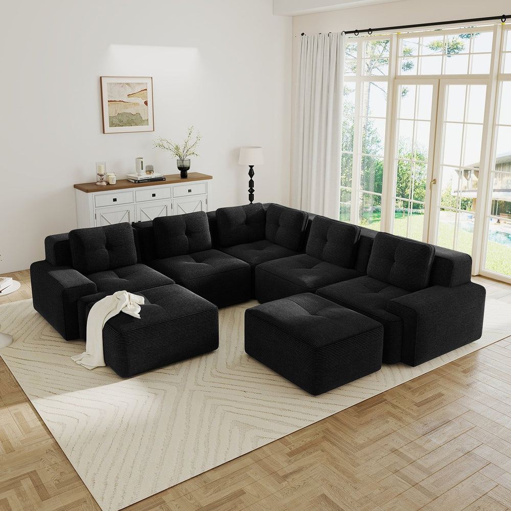 English Elm Modular Corduroy Sectional Sofa V Shaped 5 Seat Living Room Couch with Ottoman Black W714S01586