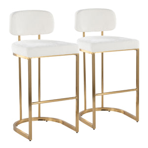 English Elm Fixed-height Barstools Powder Coated Steel Frame Brown Upholstered Seat Set of Two Gold+Creamy White B202P471218