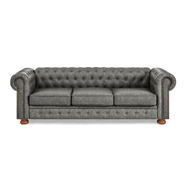 English Elm Chesterfield Linen Tufted 3-Seater Sofa with Scrolled Arms and Nailhead Trim, Durable Plywood Frame Dark Gray W1413S00095