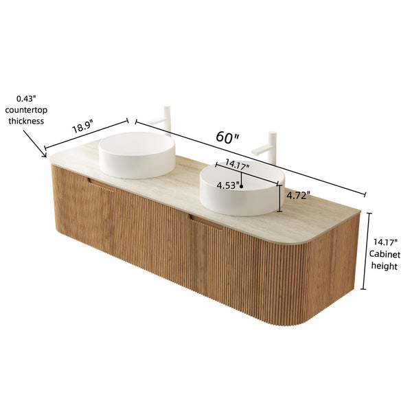 English Elm Dina 60 Inch Floating Bathroom Vanity Sintered Stone Top Dual Glass Basins Wood Grain W2615S00343