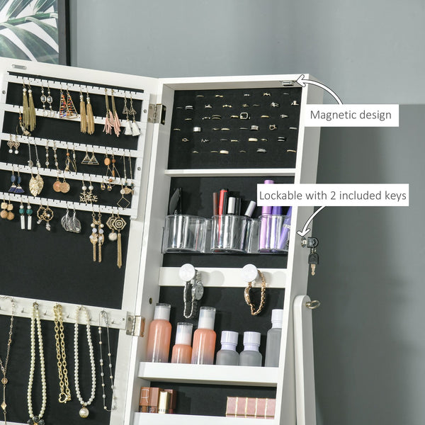 English Elm HOMCOM Lockable Floor Jewelry Armoire with LED Lights, Full-Length Mirror, 100+ Slots & Shelves White W2225P217021