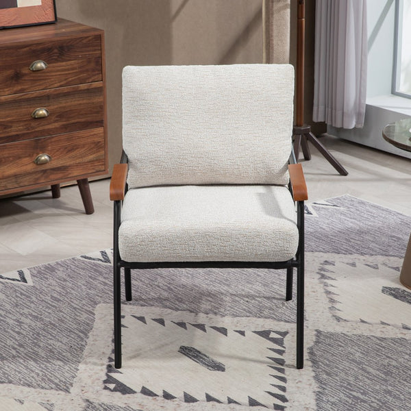 English Elm Modern Accent Chair with Natural Wood Arms, Black Metal Frame, Plush High-Rebound Cushion Comfort Beige W2215P248476