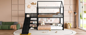 English Elm Full Metal House Bunk Bed with Slide Storage Stairs and Safety Rails for Kids W1580S00344