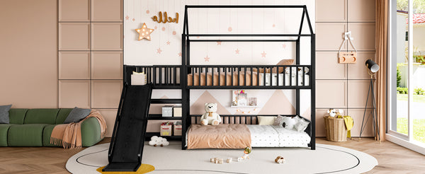 English Elm Full Metal House Bunk Bed with Slide Storage Stairs and Safety Rails for Kids W1580S00344