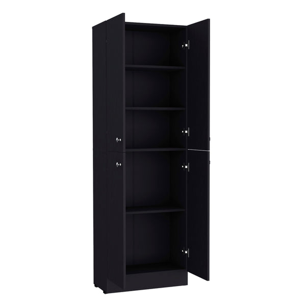 English Elm Pantry Cabinet Coahoma Black – Engineered Wood Kitchen Storage with Four Doors, Ample Shelves, Durable Design B092P191182