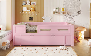 English Elm Wood Twin Platform Bed for Kids with Fence Guardrail and Under Storage Drawer Pink N709P385777H