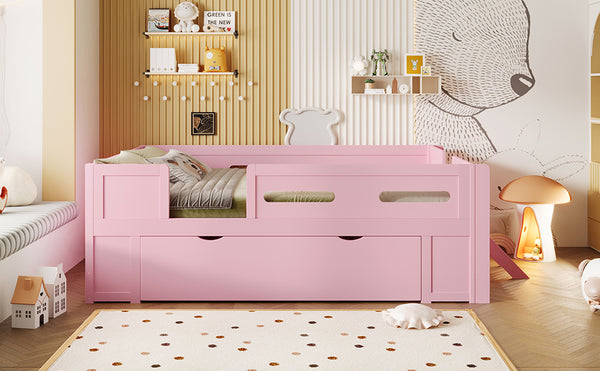 English Elm Wood Twin Platform Bed for Kids with Fence Guardrail and Under Storage Drawer Pink N709P385777H