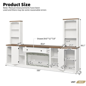 English Elm 3-piece Farmhouse Entertainment Center with Curved Cabinets Walnut Mdf Modular Living Room White N721S000068K