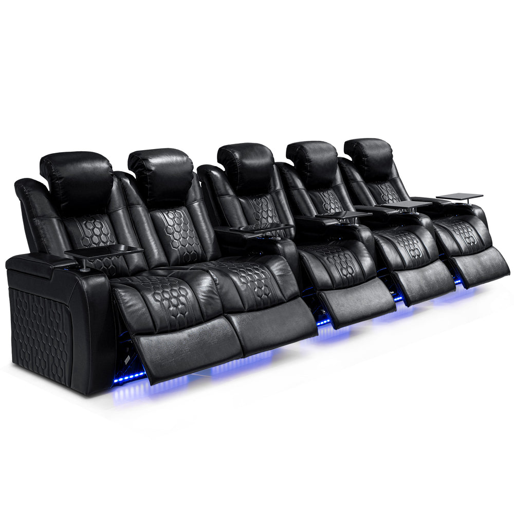 English Elm 155.5"power Reclining Sectional Nappa Leather Home Theater Seating with Rgb Lighting W3819S00098