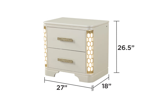 English Elm Jasmine Elegant 2-Drawer Nightstand with Corner LED Lights, Gold Pulls, Beige Wood Finish, 18x27x26.5" G150109065