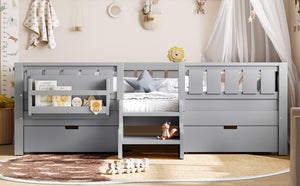 English Elm Twin Kids Storage Bed with Bookshelf Headboard Safety Staircase and Under Drawers Gray W1580P379185